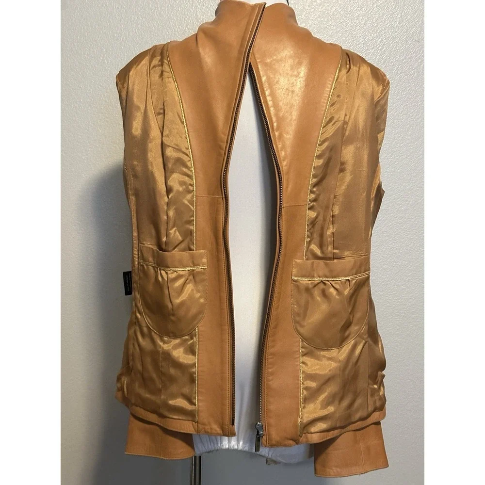 COLE HAAN 100%‎ Lambskin Leather Wing Collar Zip Jacket Camel Beige Women Sz 14